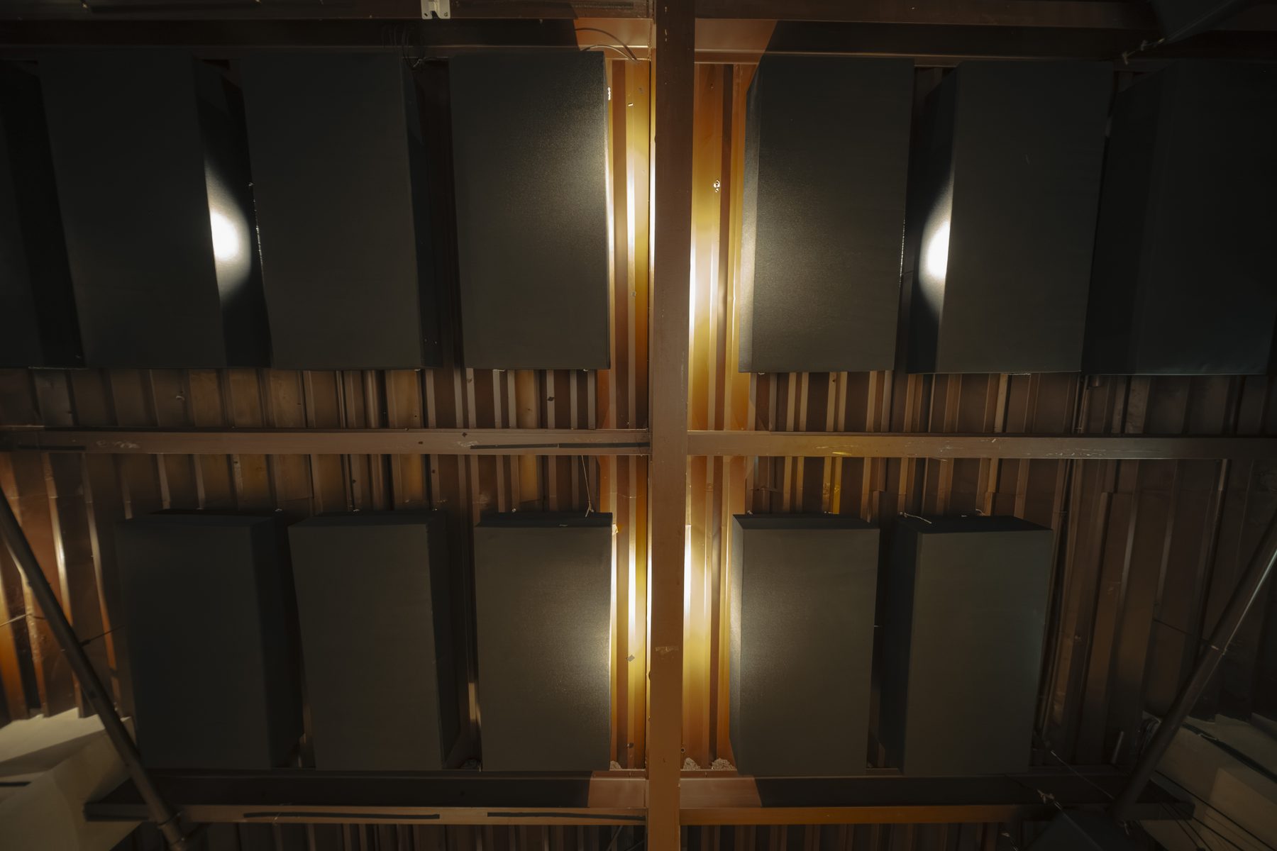 Looking straight up into the ceiling grid at The Burrow.