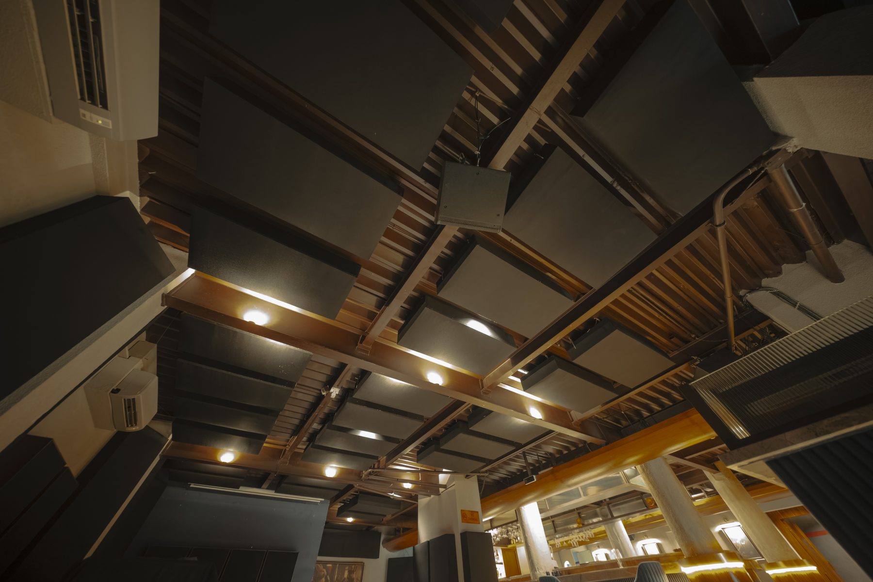 The treated ceiling at The Burrow, bar behind.