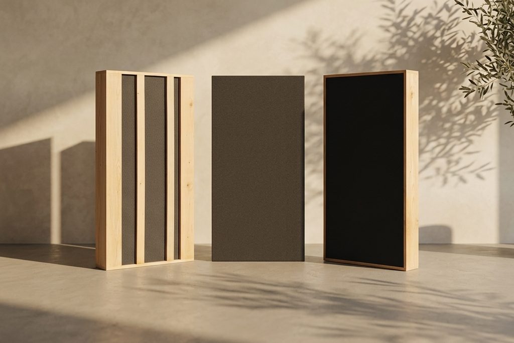 All three TRU panels standing together against a plaster wall.