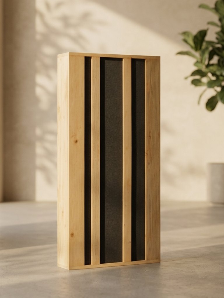 A TRU Scatter panel seen from the front, timber slats over the absorbing face.